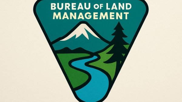 BLM logo with mountain, river, and tree, symbolizing public land management.