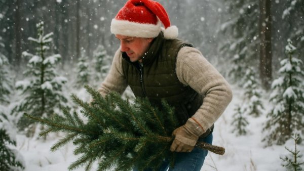 Person harvesting a Christmas tree in New Mexico snow.