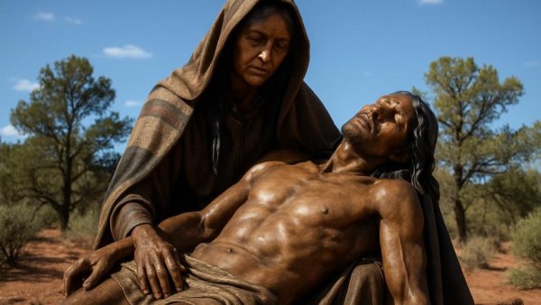 Southwest Pieta sculpture under a blue sky.