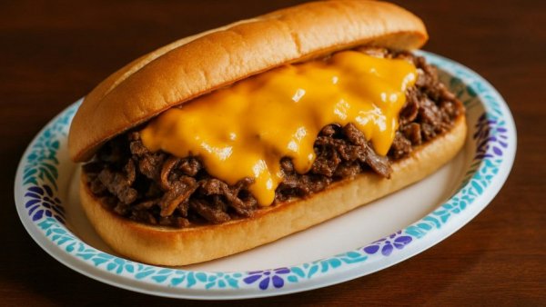 Delicious beef cheesesteak from New Mexico Beef Jerky Company on table.