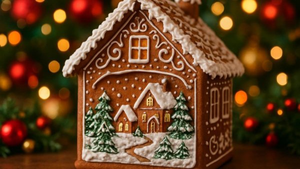 Intricately decorated gingerbread house for New Year's events in New Mexico.