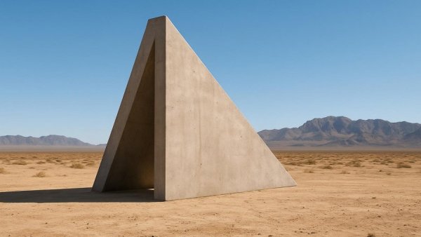 Concrete triangle in desert landscape with mountain backdrop