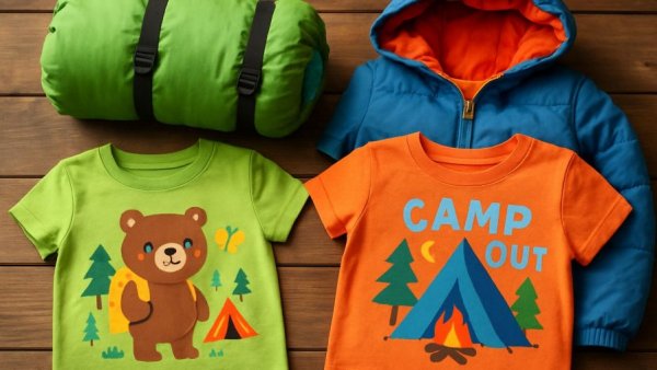 Camping gear designed for kids; sleeping bags and T-shirts on wooden surface.