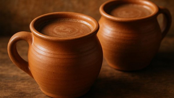 Rich champurrado in clay cups on warm earthy background.
