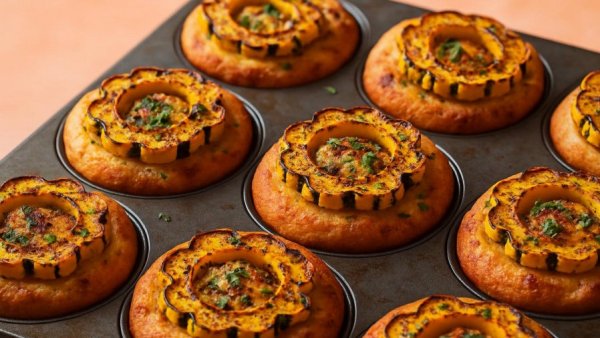 Sumac-roasted delicata squash focaccia muffins in tin against peach background.