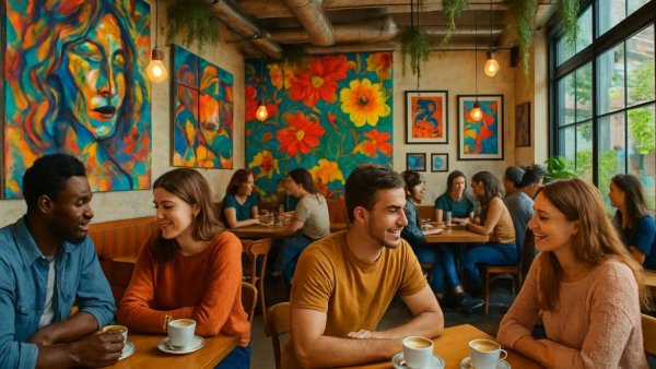Blending Art and Caffeine: Vivid café scene with colorful art and patrons.
