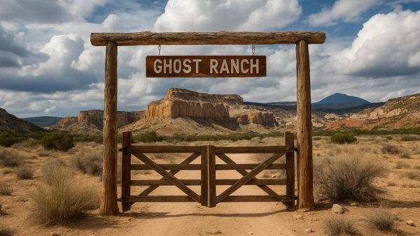 Sunlit gate at Ghost Ranch symbolizing Georgia O’Keeffe Conservation Deal.