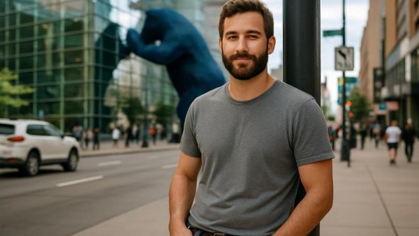 La Cumbre anniversary brews celebration on urban street, man leaning casually.