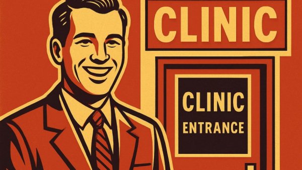 Chiropractic Care in Albuquerque: Vector-style illustration of a smiling man next to a clinic sign.
