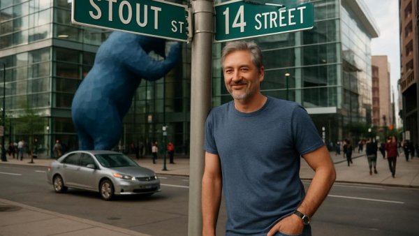 Middle-aged man on Stout 14th Street, urban setting, end of stout season.