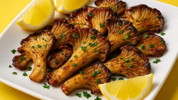 Golden brown pan-fried oyster mushrooms with lemon wedges on white plate.