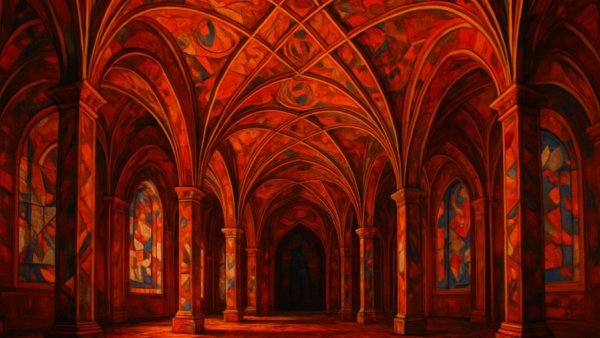 Dramatic abstract architecture with vaulted ceilings in vibrant reds.