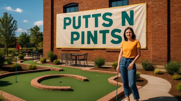 Putts N Pints mini-golf Albuquerque scene with banner and building.