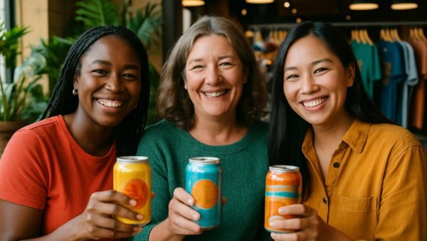 Three women in a brewery holding craft beer cans, women in brewing.