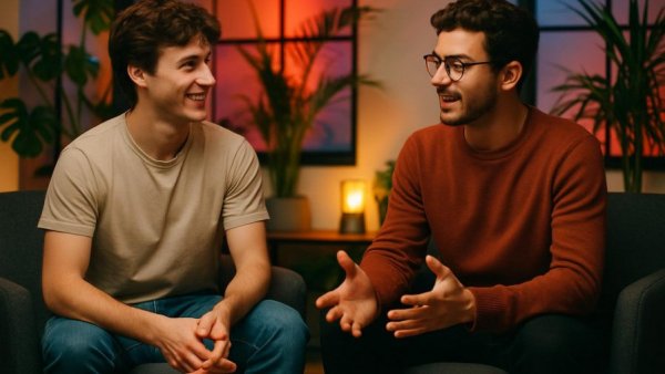 Two musicians discussing their journey in a vibrant studio setting in Albuquerque.