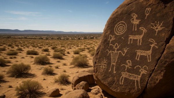 Albuquerque housing development near ancient petroglyphs in desert landscape.