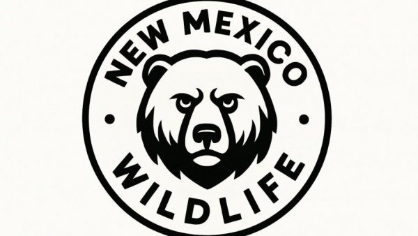 New Mexico Wildlife emblem featuring a bear illustration with monochromatic design.