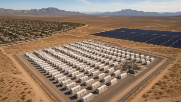 Aerial view of Bernalillo County battery storage project with desert landscape.
