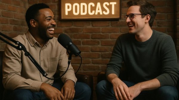 Casual talk setting in Albuquerque studio with two laughing men.