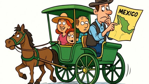 Cartoon of carriage driver thinking of Mexico, symbolizing New Mexico identity confusion.