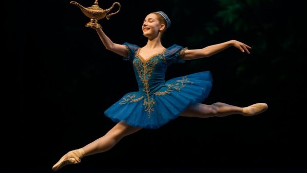 Ballet dancer leaps with magic lamp in vibrant 'Aladdin' scene
