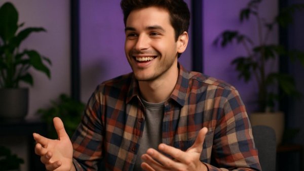 Young man smiling and gesturing in a studio, discussing music.