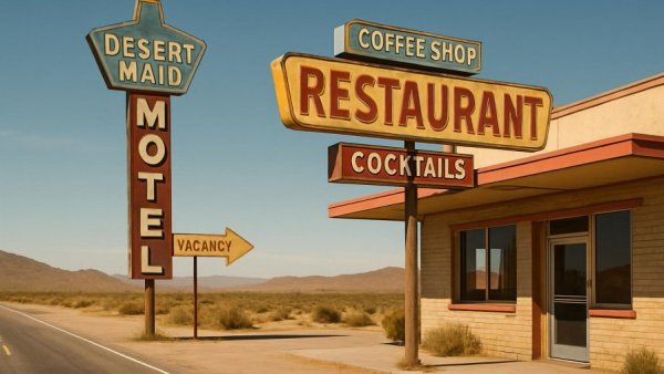 Vintage motel and restaurant signs on a New Mexico highway