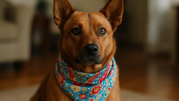 Adopt a Dog in Albuquerque: Brown dog in bandana waiting indoors.