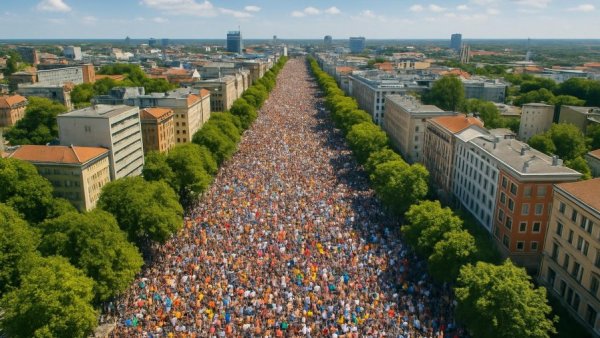 No Kings protest Albuquerque, aerial view of large crowd on city street.