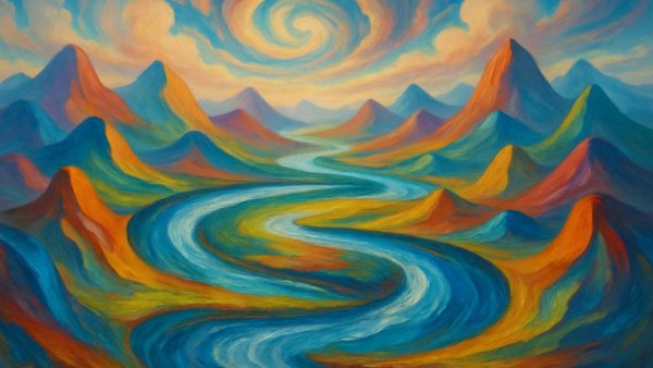 Vibrant surreal landscape by Mitsuru Ando with rivers and mountains