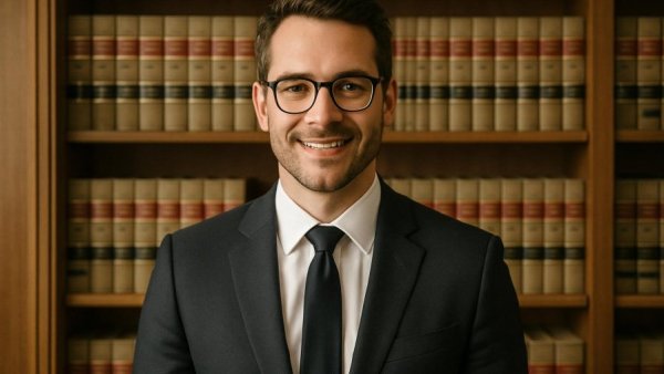 Professional male in suit in front of a bookcase for ethical rules for judges in New Mexico.