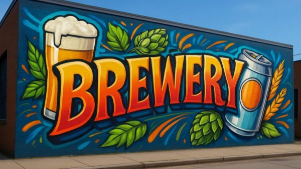New Mexico brewery's vibrant mural with beer-themed art.