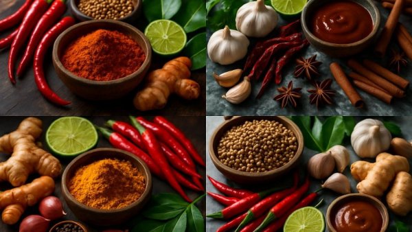 Vibrant Southeast Asian flavors collage with spices and herbs.