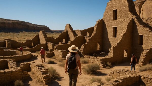 Chaco Canyon stone ruins with visitors exploring, clear sky.