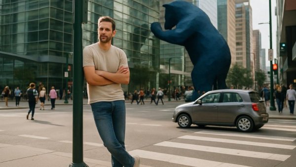 Urban scene with man by street sign near modern building with blue sculpture.