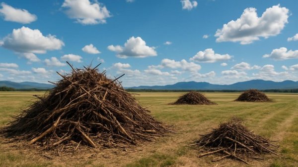 Catron County community slash pits under a clear sky with mountains.
