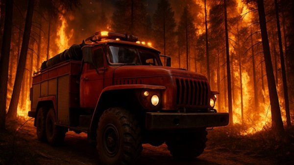 Firefighting truck in New Mexico forest fire, bright flames surrounding.