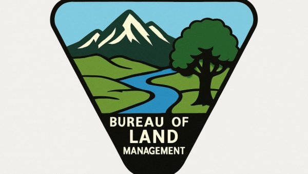 U.S. Bureau of Land Management logo with landscape illustration.