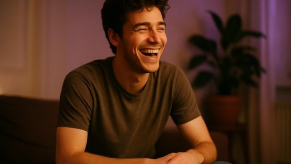 Young man laughing, relaxed setting, dim lighting
