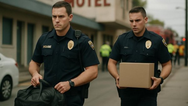 Police officers on duty near a motel.