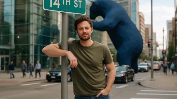 Casually dressed man near sign and building in urban setting, support young musicians Albuquerque
