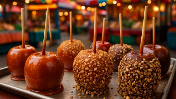 Tasty caramel and chocolate apples at New Mexico market stall