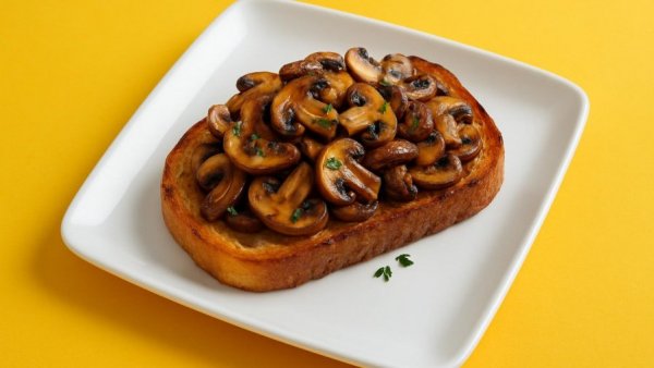 Roasted and pickled mushrooms on toast with vibrant yellow backdrop.