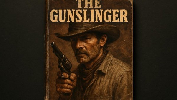 Vintage cowboy novel cover, Santa Fe storytelling event