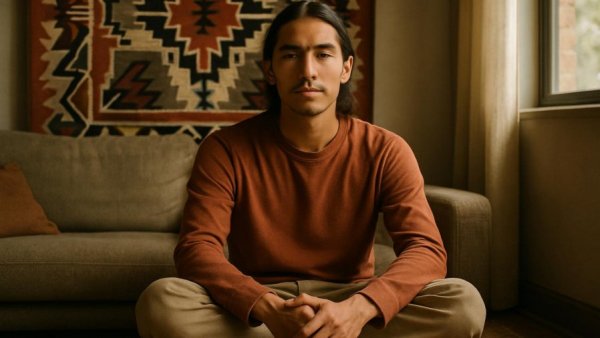 Navajo contemporary art inspired young man sitting in a decorated room.