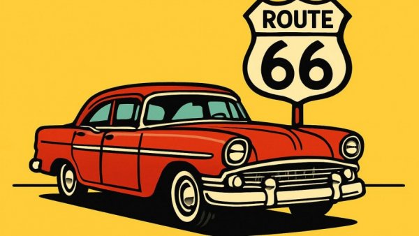 Route 66 vintage red car illustration against yellow.