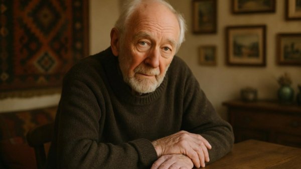 Elderly man in cozy room, thoughtful pose, warm decor.