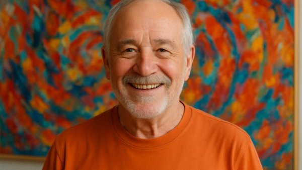 Smiling man with abstract art backdrop.