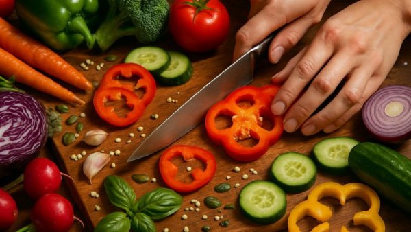 Hands-on cooking experiences with vibrant fresh vegetables being chopped.