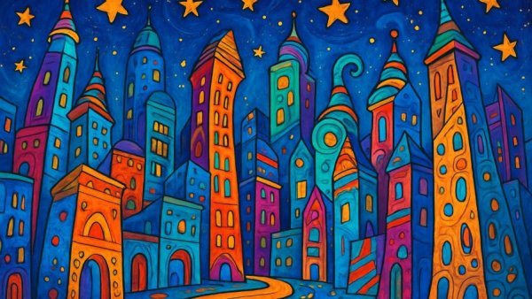 Vibrant surreal cityscape in cartoon style with colorful buildings and night sky.